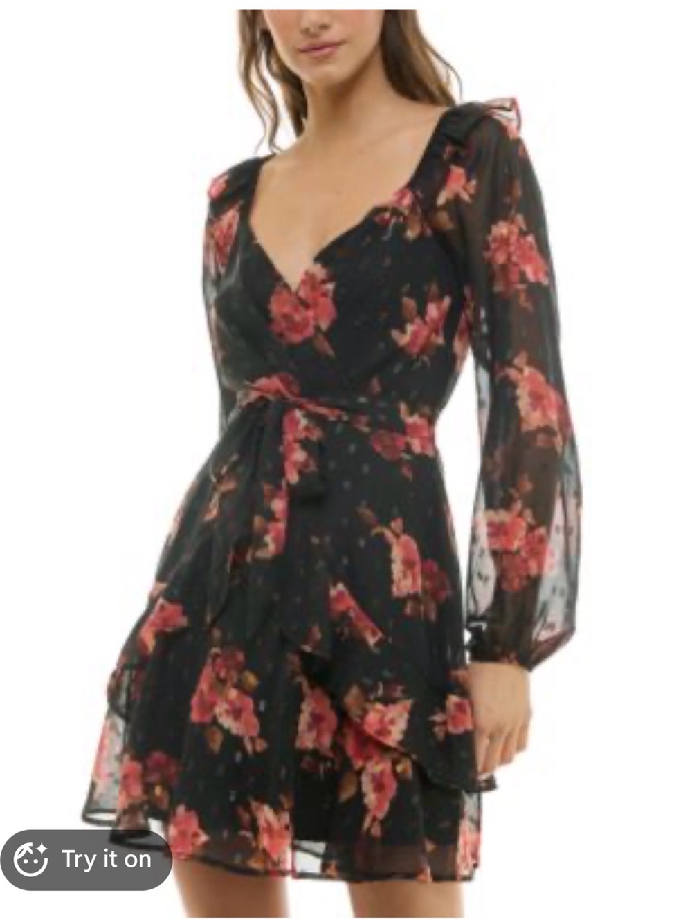 Trixxi Black Floral Wrap Dress with Pink Blooms